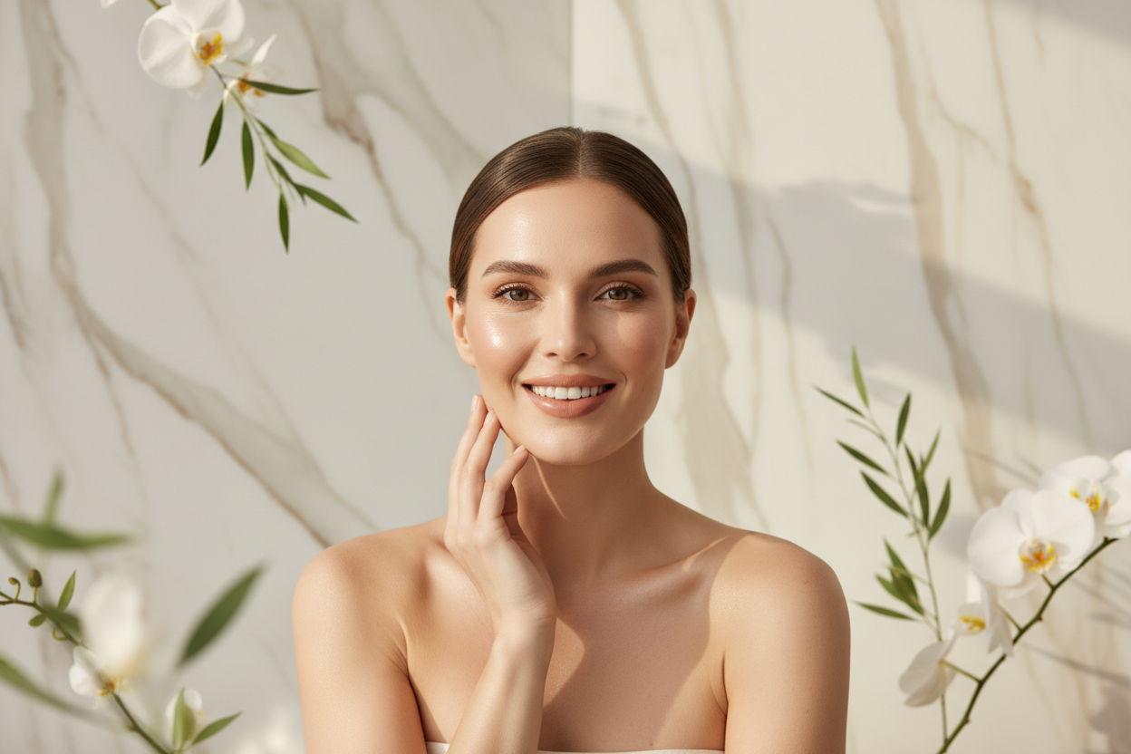 Femme rayonnante et souriante sur fond marbré